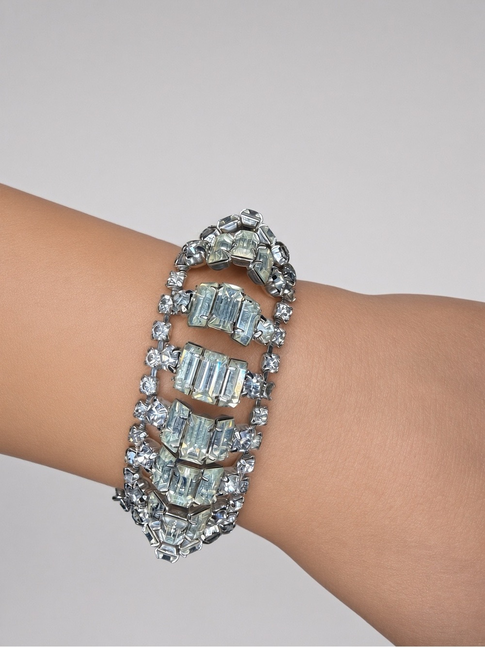 Weiss Like Art Deco Clear Baguette Rhinestone Bracelet Silver Tone Openwork 7.5”